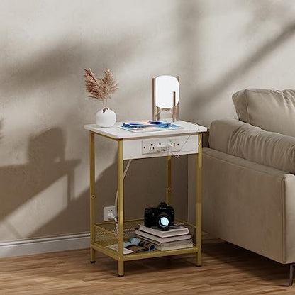Yenlure Side Table Night Stands End Table with Charging Station Narrow Side Table Living Room Bedroom Small Side Tables for Small Spaces White