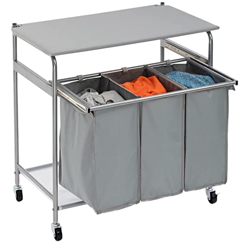 ALIMORDEN Laundry Sorter with Sturdy Ironing Board and Folding Table Top Lid, Laundry Hamper Organizer with 4 Wheels for Laundry Room Grey