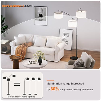 Dimmable Floor Lamp, 3 Lights Arc Floor Lamps for Living Room, Modern Tall Standing Tree Lamp with Gray Linen Shade & Heavy Base, Large Floor Lamp for Bedroom Office, 3x1000 LM LED Bulbs Included
