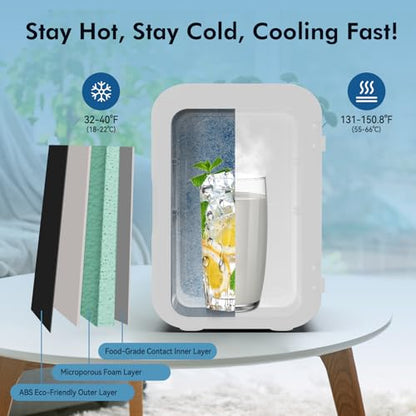 CALEN Mini Fridge with 2 Bottles, 6L/8 Cans Mini Fridge for Bedroom, Skincare Fridge 110V AC/12V DC Small Refrigerator for Food, Beverages, Cosmetics, Portable Mini Refrigerator for Office, Dorm, Car