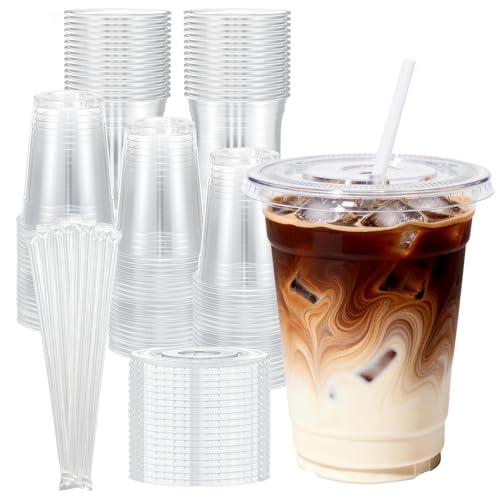 100 Pack 16 oz Disposable Plastic Cups with Lids