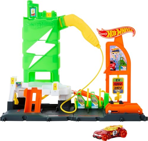 Hot Wheels City Toy Car Track Set, Super Recharge Fuel Station Playset with EV Chargers & 1:64 Scale Toy Vehicle