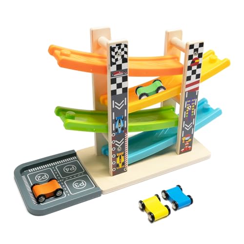 Wooden Car Ramp Racer Toy with 4 Mini Cars