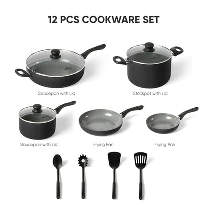 Flamingpan 12 Piece Nonstick Pots and Pans Sets,Kitchen Cookware with Ceramic Coating,Dishwasher Safe,Frying Pan Set with Lid, Induction Pots and Pans with Clearance,Suitable for Any Cooktop（Black）