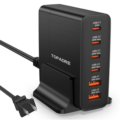 TOPADRE USB C Charger Block 80W, 6 Port Fast Charging Station Powered USB C Hub PD Charger for iPhone 15/14/13 Pro Max, iPad Pro/Air/Mini, Galaxy S24/S23, MacBook Pro/Air, Google Pixel, Black