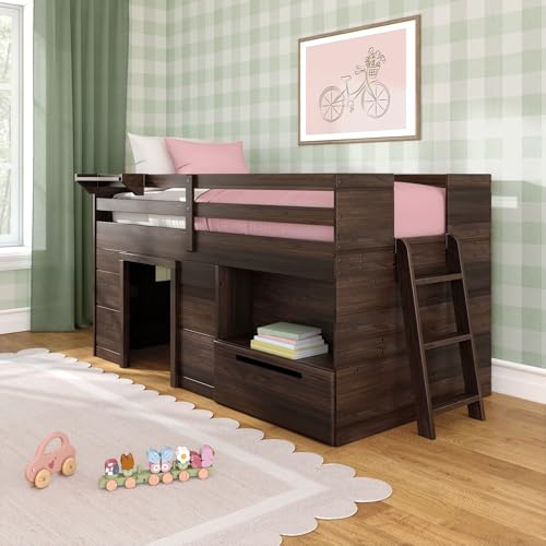 Twin Low Loft Bed with Storage Drawer and Ladder