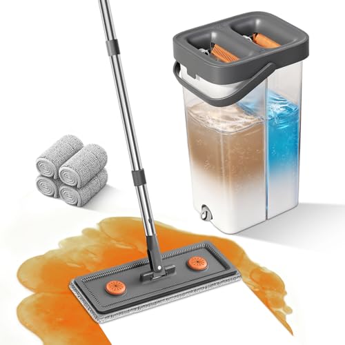 Flat Mop and Bucket Set with Wringer, 4 Pads