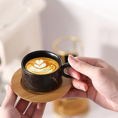 LURRIER Porcelain Espresso Cup with Saucer and Metal Stand, 3 Ounce Stackable Ceramic Demitasse Espresso Mugs Cups Set for Latte,Coffee,Cafe Mocha,Tea(Set of 4),Marbling Black