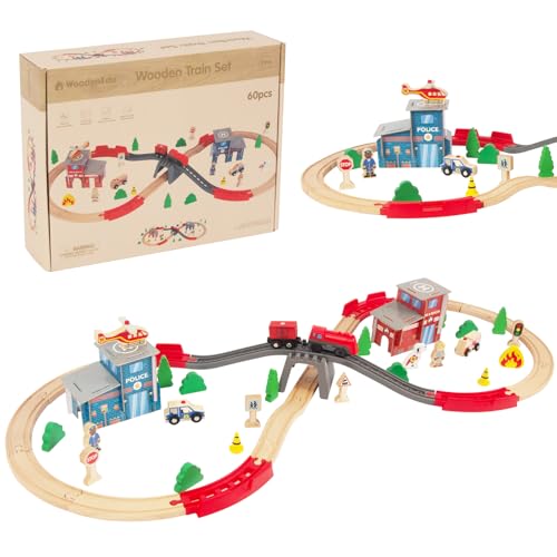 60 Piece Wooden Train Set for Toddlers Compatible Tracks