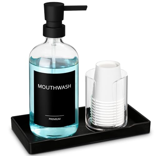 17oz Glass Mouthwash Dispenser with Cup Holder Tray