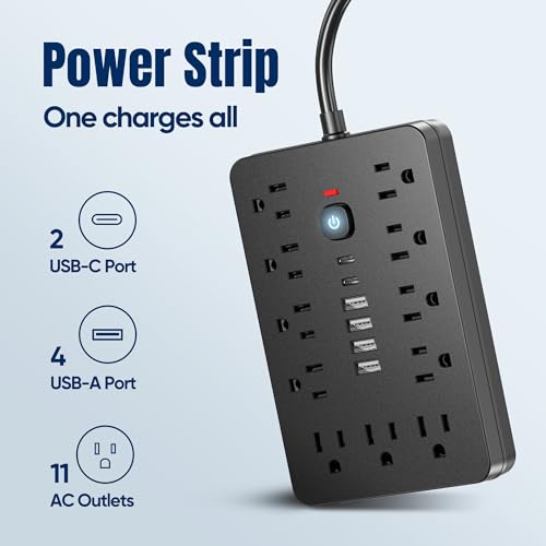 JouleLoom 6 FT Flat Plug Surge Protector Power Strip,11 Multiple AC Outlets with 6 USB Ports (2 USB C), 6 Feet Extension Cord, 1875W/15A, One Touch Switch Button, 17 in 1 Compact powerstrip