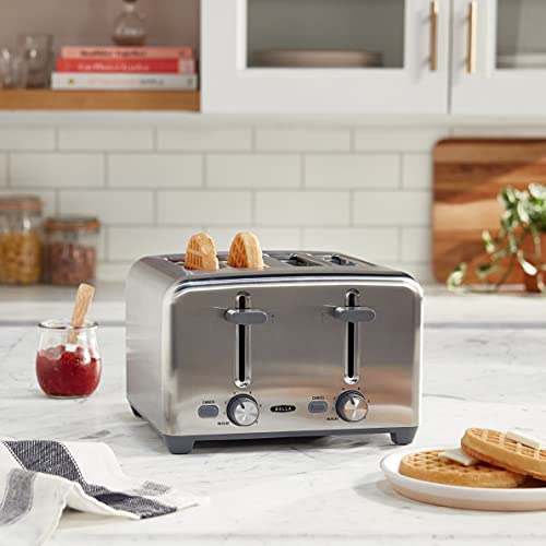 BELLA 4 Slice Toaster with Auto Shut Off - Extra Wide Slots and Removable Drop-Down Crumb Tray with Cancel and Reheat Function - For Texas Toast, Large Bread & Bagel, Stainless Steel