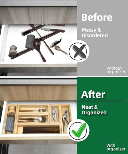 Wood Bamboo Drawer Organizer Set - Stackable Utensil Holders for Kitchen, Silverware Tray for Drawer - Versatile Storage Box Set for Bathroom, Office, and Makeup Organization (Set of 6)