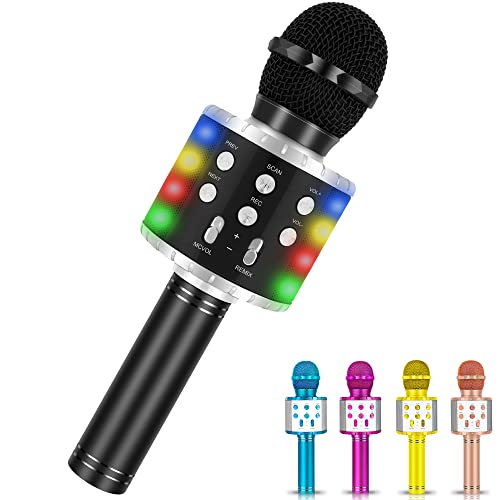 Winique Karaoke Microphone for Kids with Bluetooth & LED Lights - 5 in 1 Fun Toys Home KTV Birthday Party Player - Christmas Stocking Stuffers for Girls, Boys, and Teens （Black）