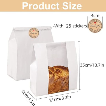 25Pcs Large Paper Bread Bags for Homemade Bread Sourdough Loaf Bread Bags with Stickers Bread Gifting Bags with Window Paper Bags for Bread Packing Storage (13.7 * 8.2 * 3.5 in)