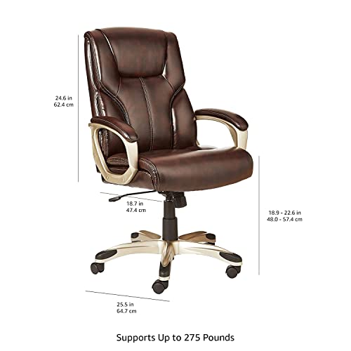 Amazon Basics Executive Home Office Desk Chair with Padded Armrests, Adjustable Height and Tilt, Rolling Swivel Chair, 275 Pound Capacity, Brown and Gold
