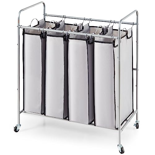 VEVOR Laundry Sorter Cart 4 Section, Laundry Hamper Heavy Duty with Lockable Wheels and 4 Removable Bags, Rolling Laundry Basket Sorter for Clothes Storage