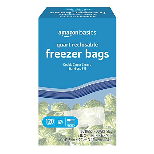 Amazon Basics Reclosable Freezer Quart Bags, Stand & Fill Base, 120 Count