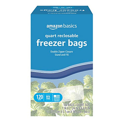 Amazon Basics Reclosable Freezer Quart Bags, Stand & Fill Base, 120 Count