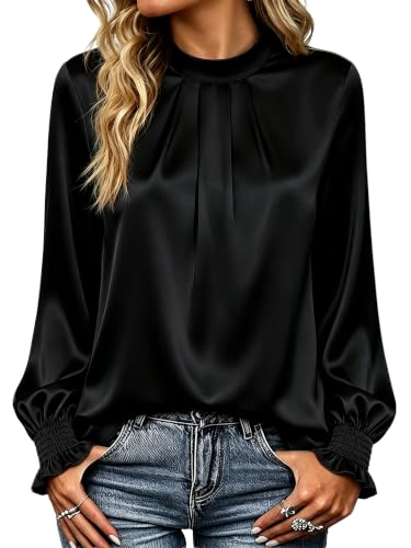 Mock Neck Long Sleeve Satin Blouse Top (12 Colors)