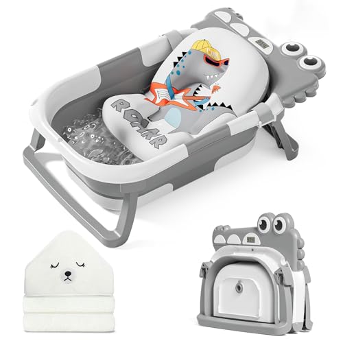 Collapsible Baby Bathtub with Thermometer, Towel, Cushion