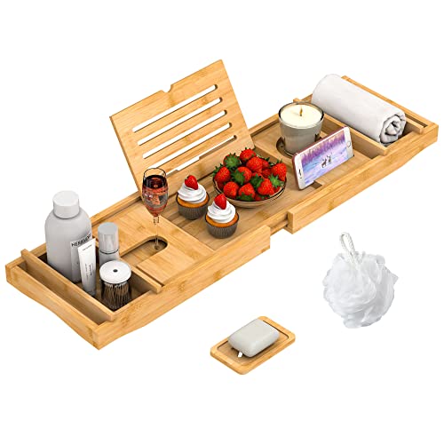 Expandable Bamboo Bathtub Tray with Book and Wine Holder