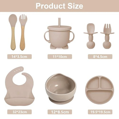Silicone Baby Feeding Set, Fzyoayzm 8pcs Baby Led Weaning Supplies With Suction Bowl Divided Plate, Toddler Led Weaning Self Feeding Utensils Dish Set with Spoons Forks Sippy Cup Bib BPA-Free