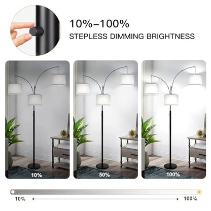 Dimmable Floor Lamp, 3 Lights Arc Floor Lamps for Living Room, Modern Tall Standing Tree Lamp with Gray Linen Shade & Heavy Base, Large Floor Lamp for Bedroom Office, 3x1000 LM LED Bulbs Included