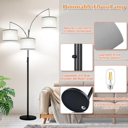 Dimmable Floor Lamp, 3 Lights Arc Floor Lamps for Living Room, Modern Tall Standing Tree Lamp with Gray Linen Shade & Heavy Base, Large Floor Lamp for Bedroom Office, 3x1000 LM LED Bulbs Included