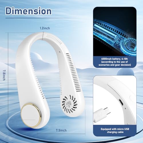 NHOWIN Neck Fan, Neck Fans that Blow Cold Air Bladeless Portable Neck Fan 4000mAh Battery for 4-10H Cooling Quiet Personal Fan for Indoor Outdoor Travelling 3 Wind Speeds Neck Fan Rechargeable Gift