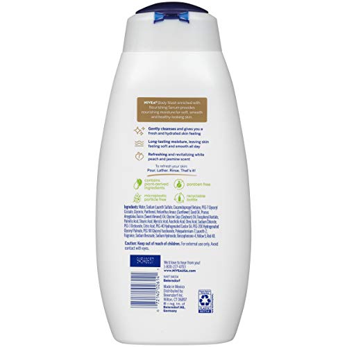 NIVEA Refreshing White Peach and Jasmine Body Wash, Scented Body Wash with Nourishing Serum, Plant-Derived Oils, Essential Skin Lipids and Vitamins, 20 Fl Oz Bottle