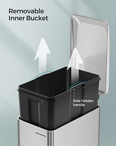 SONGMICS Slim Trash Can, 12.7 Gallon Garbage Can for Narrow Spaces with Soft-Close Lid, Inner Bucket, and Step-on Pedal, Stainless Steel, 15 Trash Bags Included, Silver ULTB510E48