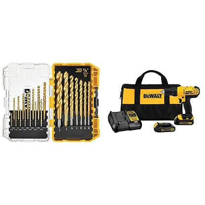 DEWALT 20V Max Cordless Drill / Driver Kit, Compact, 1/2-Inch with Titanium Drill Bit Set, Pilot Point, 21-Piece (DCD771C2 & DW1361)