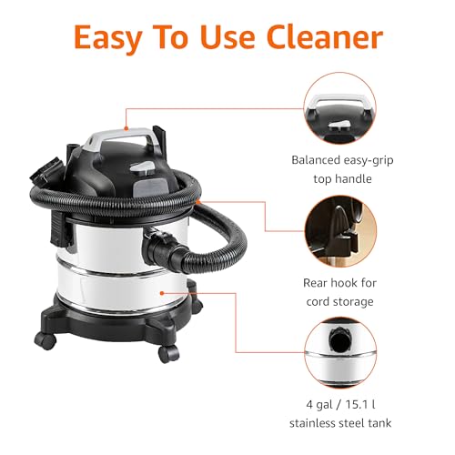 Amazon Basics 4 gallon, 3 HP Stainless Steel Wet/Dry Vacuum, Grey/Black