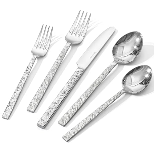 20 Piece Hammered Stainless Steel Silverware Set