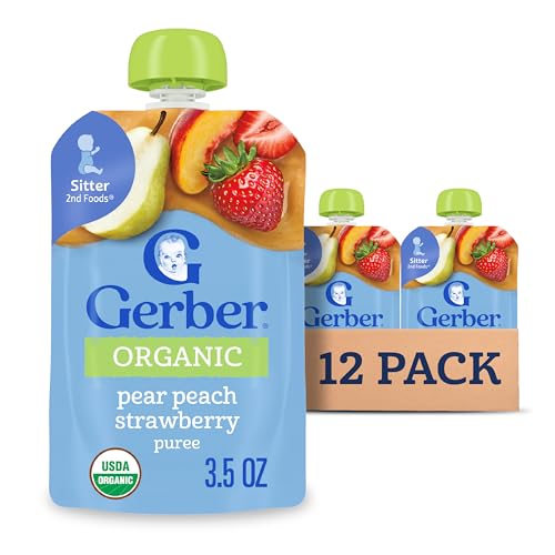 12 Pack Gerber Organic Baby Food Pear Peach Strawberry