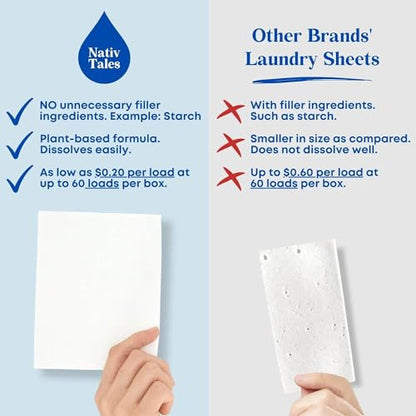 Laundry Detergent Sheets Travel Nativ Tales, Laundry Sheets Detergent with Easily Dissolved of Zero Plastic Waste and Exclusive Formula for Sensitive Skin, 60 Loads- Unscented