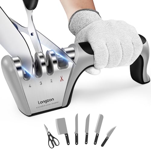 4-Stage Knife and Scissor Sharpener with Gloves