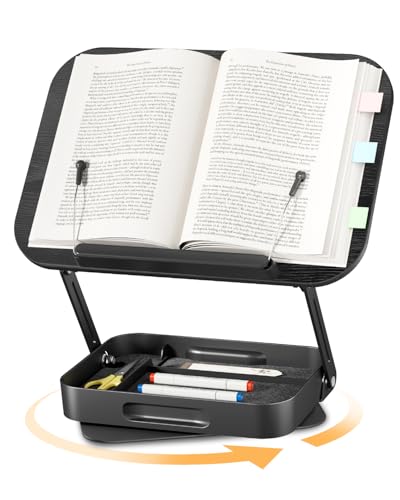 Adjustable Rotating Book Stand with Storage Drawer