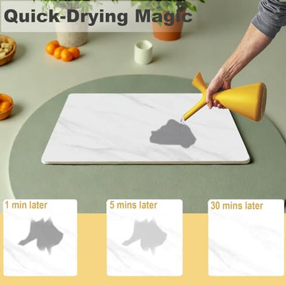 Stone Dish Drying Mat for Kitchen Counter, 16x12 inch Food Grade Diatomaceous Earth Ultra Absorbent Dish Mats, Quick Dry Pad for Bottles, Dishes,Cups and More (White Marble)