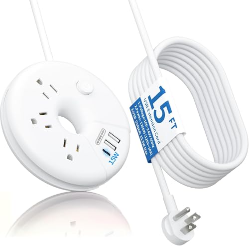 15FT Extension Cord with 3 Outlets, 4 USB Ports