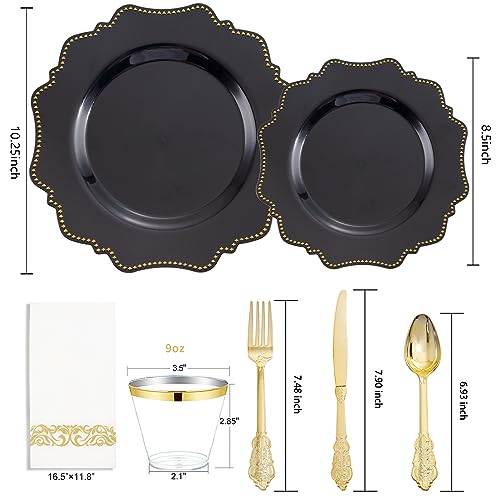 COLOSUS 175PCS Black Plastic Party Plates Set