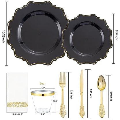 COLOSUS 175PCS Black Plastic Party Plates Set