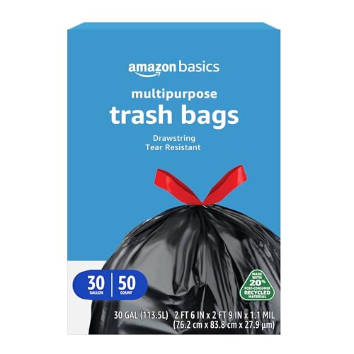 50 Count Amazon Basics 30 Gallon Drawstring Trash Bags