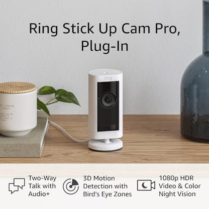 Ring Stick Up Cam Pro Plug-In | Two-Way Talk with Audio+, 3D Motion Detection with Bird’s Eye Zones, and 1080p HDR Video & Color Night Vision (2023 release), White