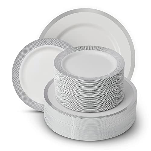 By Madee: HEAVYWEIGHT 100 Pcs White and Silver Plastic Plates | 50 Dinner Plates & 50 Dessert Plates | Silver Party Plates | High End Disposable Plates | Nice Plastic Plates for Party (50 Guests)