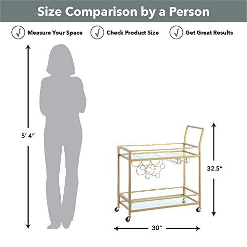FirsTime & Co. Gold Francesca Bar Cart, 2 Tier Mobile Mini Bar, Kitchen Serving Cart and Coffee Station with Storage for Wine and Glasses, Metal and Glass, Modern