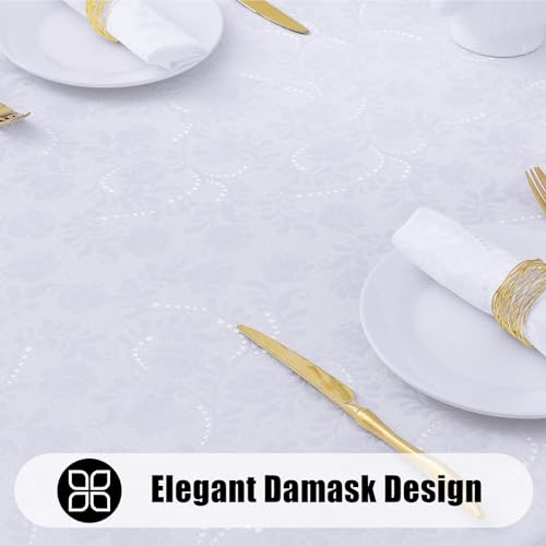 Moosfor Rectangle Tablecloth 60x102 Inch, Waterproof Damask Jacquard Table Cloth, Washable Fabric Table Covers for Dining, Parties, Indoor and Outdoor, White