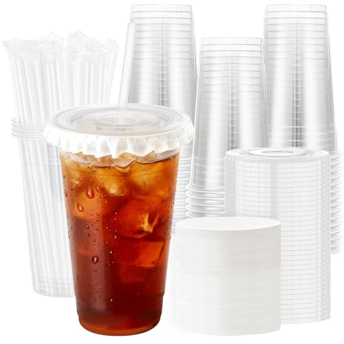 50 Pack 24 oz Plastic Cups with Lids and Straws