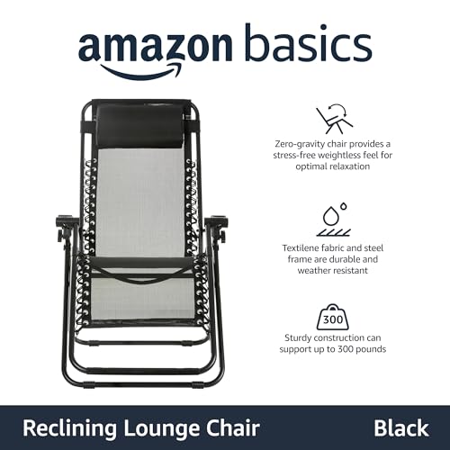 Amazon Basics Outdoor Textilene Adjustable Zero Gravity Folding Reclining Lounge Chair with Pillow, 26", Black
